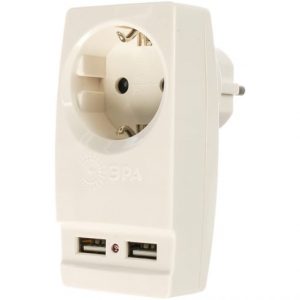 Тройник SP-1е-USB-W адаптер 1гн. “Polynom” 220V+2xUSB 2100mA с/з